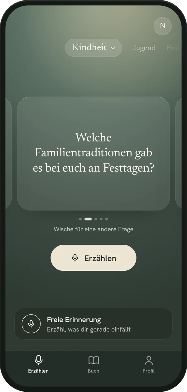 Die Startseite der Lovida-App mit der Frage „Welche Familientraditionen gab es bei euch an Festtagen?“ und dem Knopf „Erzählen“
