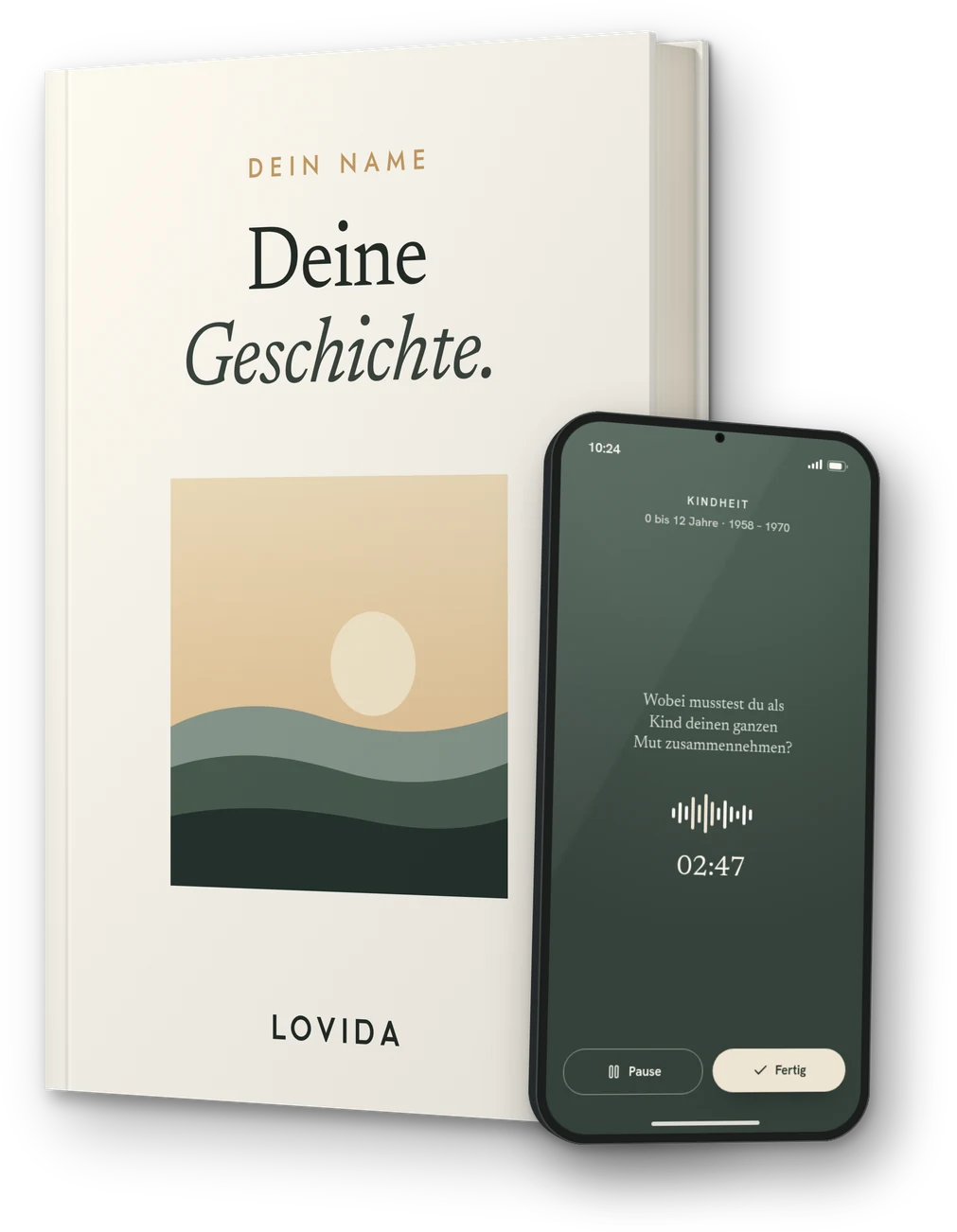 Ein Buch mit dem Titel „Deine Geschichte.“ und davor ein Smartphone mit der Lovida-App beim Aufnehmen einer Antwort