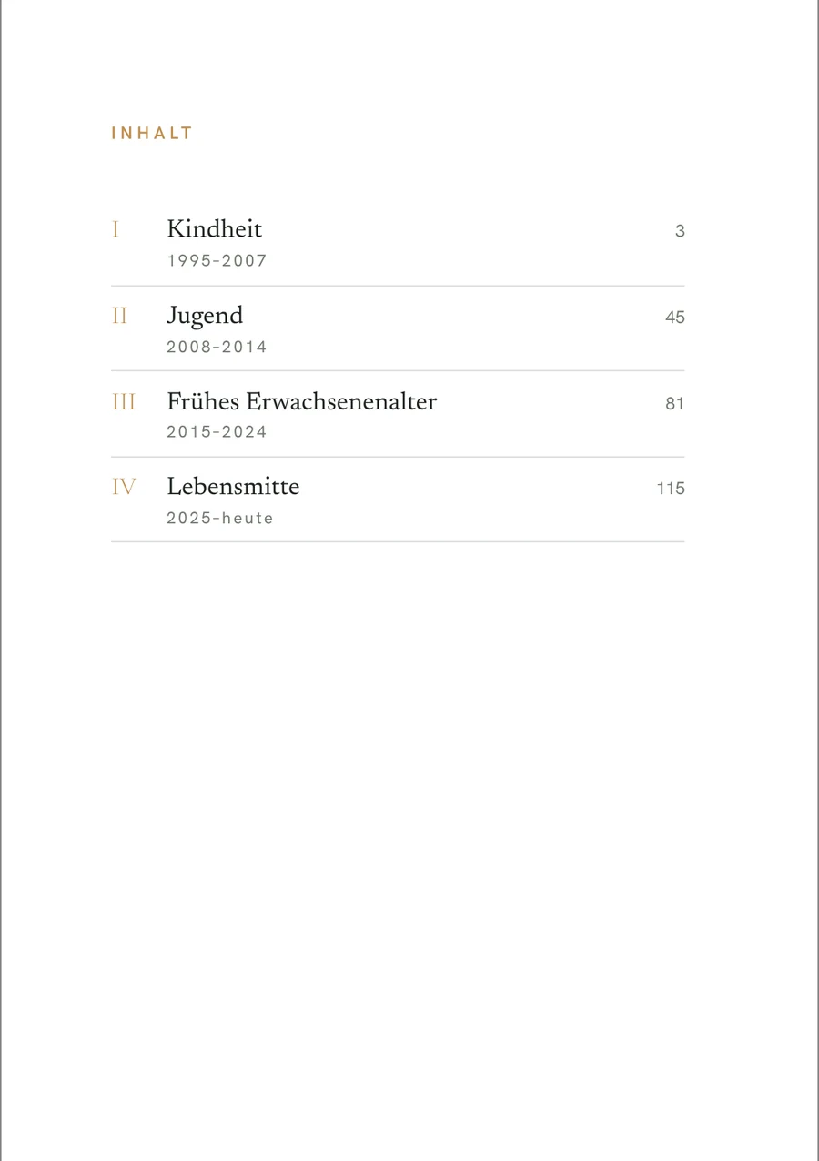 Inhaltsverzeichnis: Kindheit, Jugend, Frühes Erwachsenenalter, Lebensmitte, mit Jahreszahlen